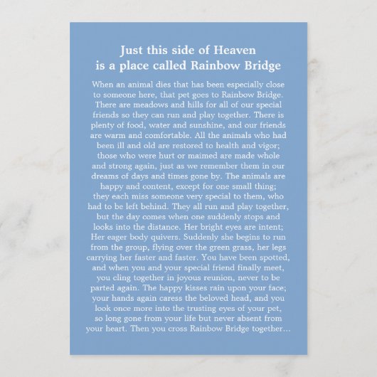 Pet Memorial 5x7 - Blue Rainbow Bridge (VROUW) Programmakaart (Achterkant)