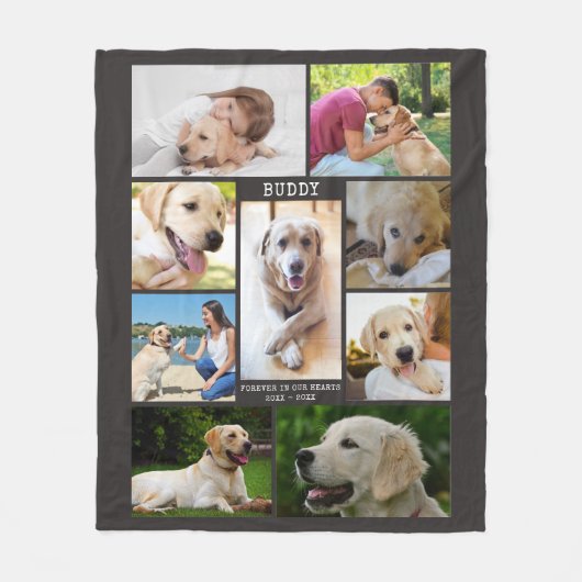 Pet Memorial 9 Fotocollage Naam Datums Grijs Fleece Deken (Voorkant)