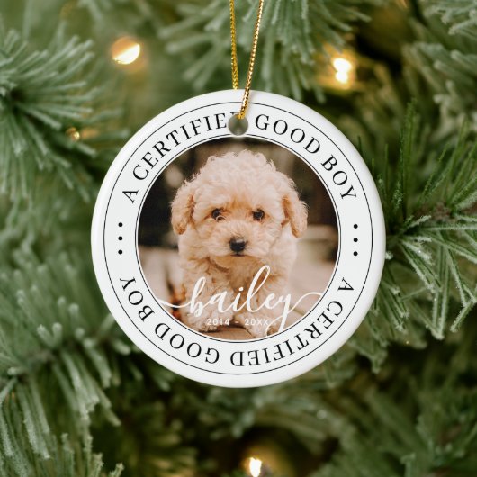 Pet Memorial Certified Good Boy Custom Foto Keramisch Ornament (Boom)