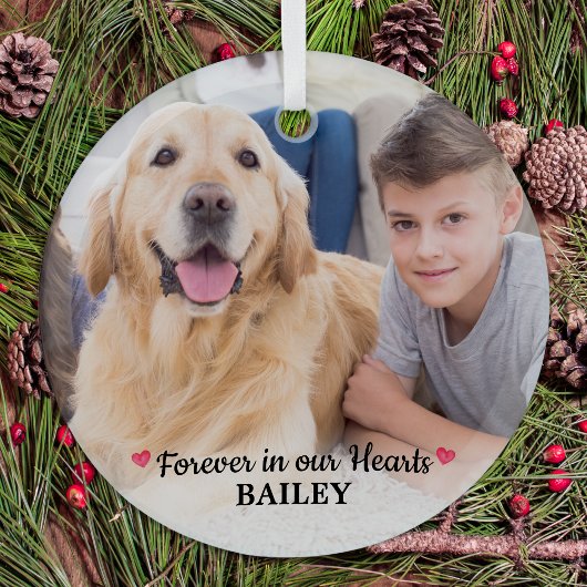Pet Memorial Forever in onze harten Moderne foto Glas Ornament