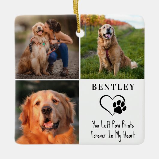 Pet Memorial Gepersonaliseerde 3 foto's Paw Prints Keramisch Ornament (Voorkant)