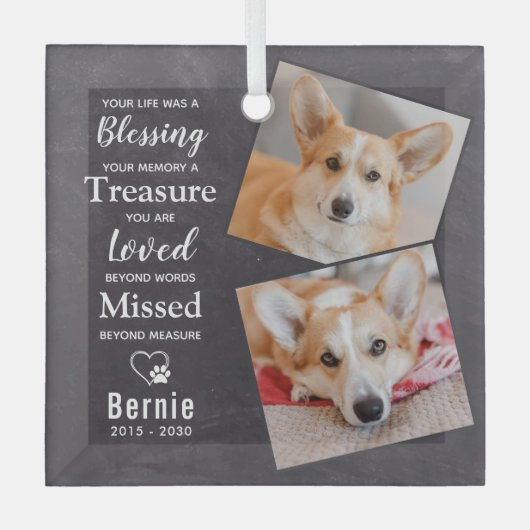 Pet Memorial Herinnering Gedicht Modern Dog 2 Foto Glas Ornament (Voorkant)