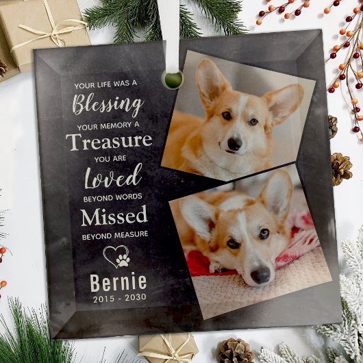 Pet Memorial Herinnering Gedicht Modern Dog 2 Foto Glas Ornament