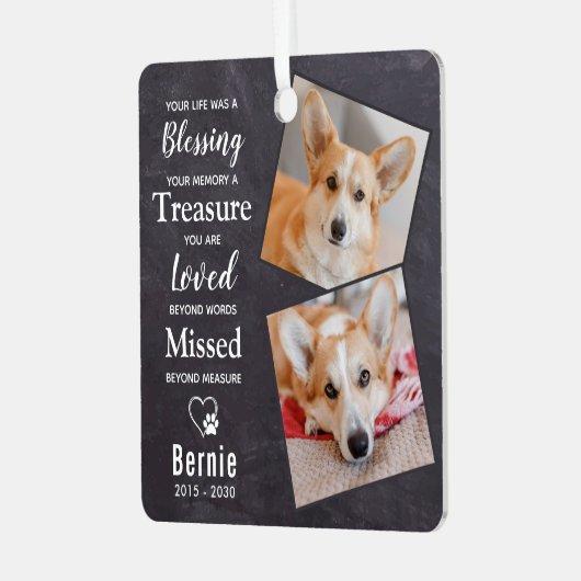 Pet Memorial Herinnering Gedicht Modern Dog 2 Foto Metalen Ornament (Voorkant links)