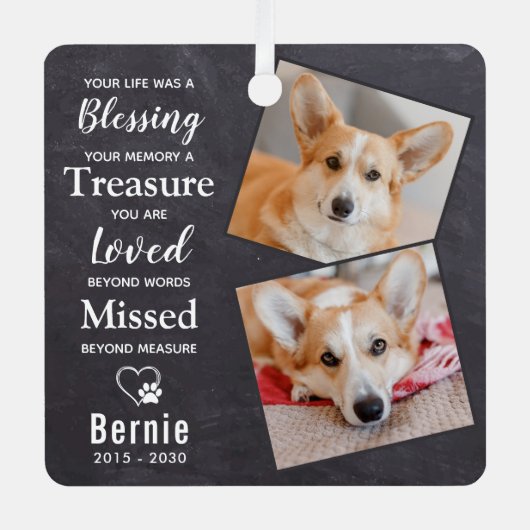 Pet Memorial Herinnering Gedicht Modern Dog 2 Foto Metalen Ornament (Voorkant)