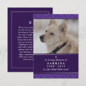 Pet Memorial Kaart 3,5 inch x 5 inch - Paarse foto (Voorkant / Achterkant)