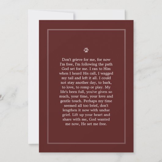 Pet Memorial Kaart 5"x7" Rood — Don't Grieve Poem (Achterkant)