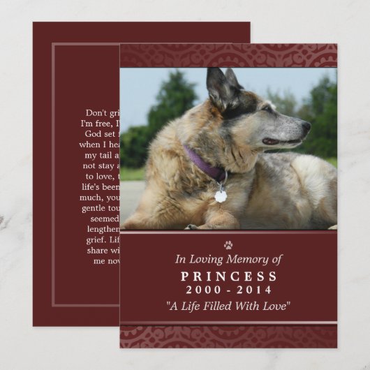 Pet Memorial Kaart 5"x7" Rood — Don't Grieve Poem (Voorkant / Achterkant)