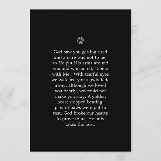 Pet Memorial Kaart 5"x7" zwart - God zegene u gedi (Achterkant)