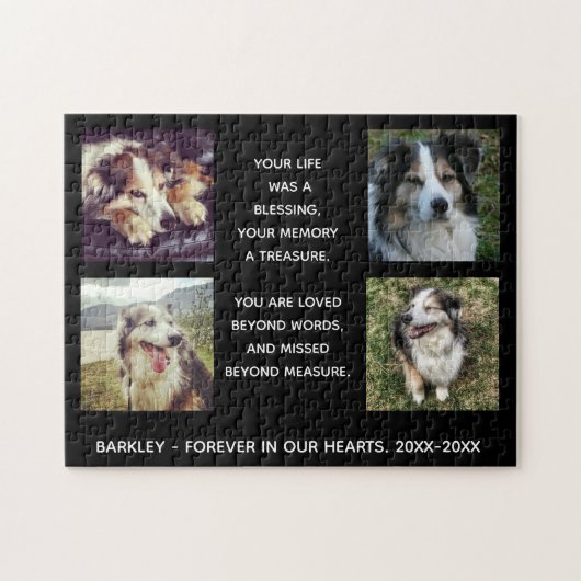 Pet Memorial met vier foto's, naam en data. Jig Legpuzzel (Horizontaal)