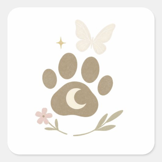 Pet Memorial Paw met Maan & Vlinder – Sympathie Vierkante Sticker (Voorkant)