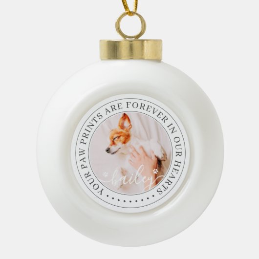 Pet Memorial Paw Prints Hoorzitting foto van elega Keramische Bal Ornament (Voorkant)