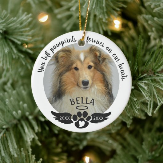 Pet Memorial Photo Pawprint Heart Aangepaste kleur Keramisch Ornament (Boom)