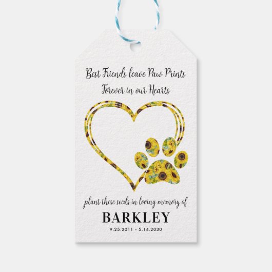 Pet Memorial Seed Packet Paw Print Heart Sunflower Cadeaulabel (Achterkant)