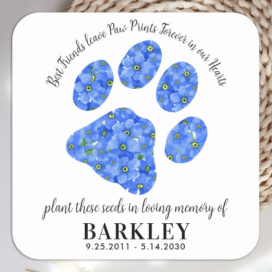 Pet Memorial Seed Packet Paw Print Vergeet me niet Vierkante Sticker