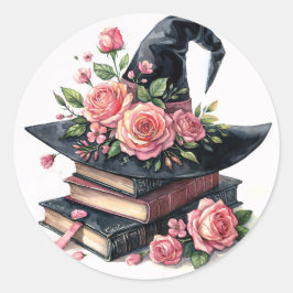 Pet op boeken met roze rozen ronde sticker