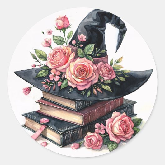 Pet op boeken met roze rozen ronde sticker (Voorkant)