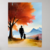 Pet Painting man Dog Walking Blue Mountain Tree Poster (Voorkant)