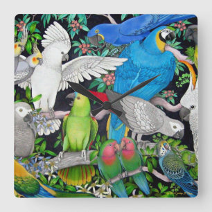 Pet Parrots of the World Wall Clock Vierkante Klok