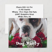 Pet Party Invitations Cute Boxer w/Rozen Bouquet Kaart (Voorkant / Achterkant)