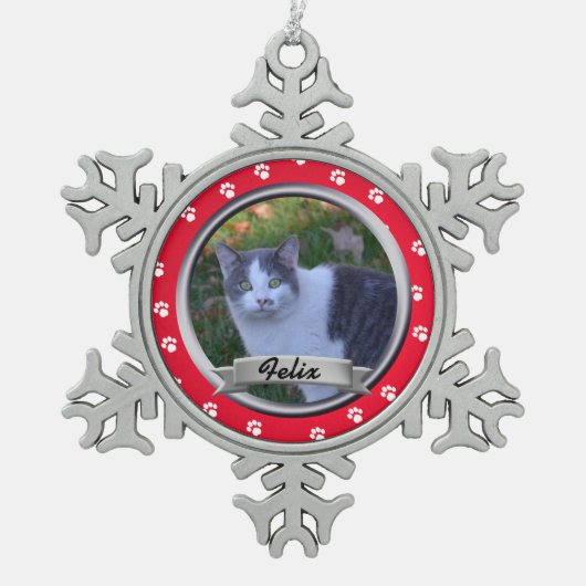 Pet Paw Afdrukken Foto Bewaren Tin Sneeuwvlok Ornament (Voorkant)