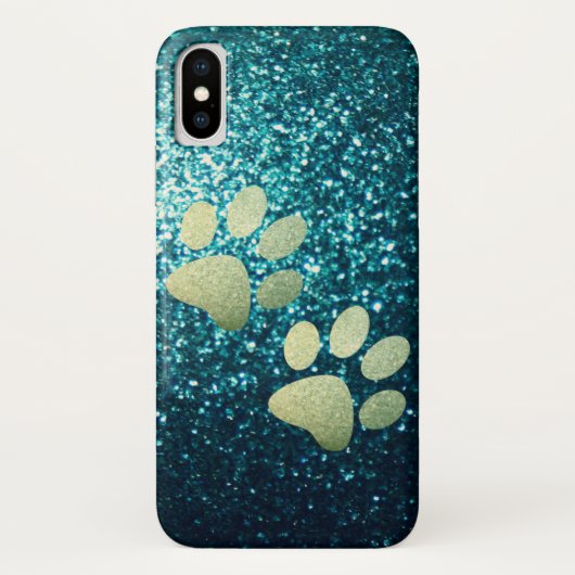 Pet paw green glitter print op turkooise glitter Case-Mate iPhone case (Achterkant)