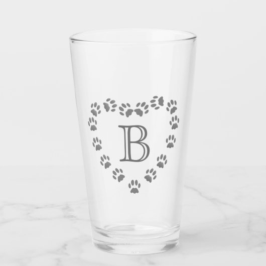 Pet Paw Print Hart Monogrammed Glas (Voorkant)