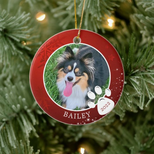 Pet Paw Print Kerstmis Rood Snowflake Stars Foto Keramisch Ornament (Boom)