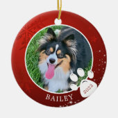 Pet Paw Print Kerstmis Rood Snowflake Stars Foto Keramisch Ornament (Voorkant)