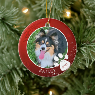 Pet Paw Print Kerstmis Rood Snowflake Stars Foto Keramisch Ornament