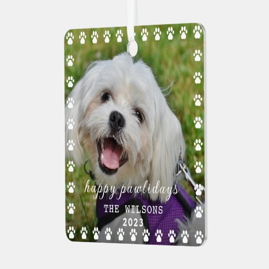 Pet Paw Prints Gepersonaliseerde hondennaam Foto Metalen Ornament (Voorkant links)