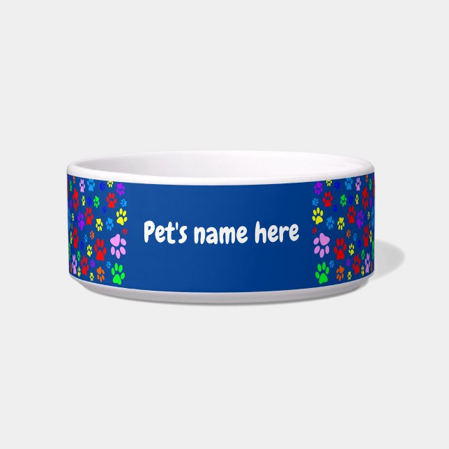 Pet Paws op Blue Ceramic Pet Bowl Voerbakje (Voorkant)