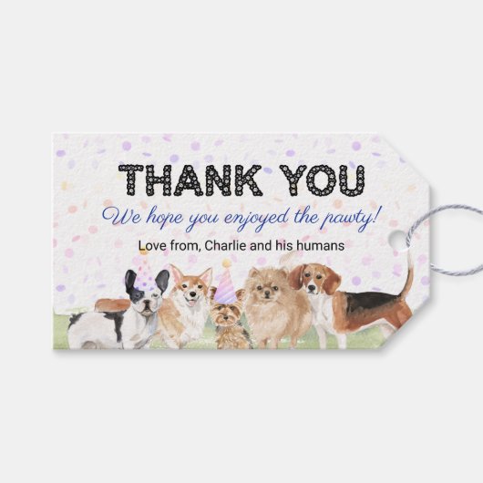 Pet Pawty Blue Custom Dog Birthday Party Cadeaulabel (Voorkant (Horizontaal))