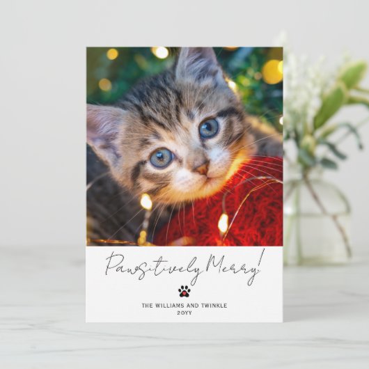 Pet Photo 2 Picture Script Calligraphy Paw Print Feestdagenkaart (Staand voorkant)