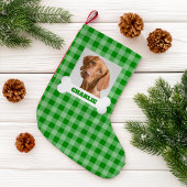 Pet Photo and Dog Bone with Name on Green Plaid Kleine Kerstsok
