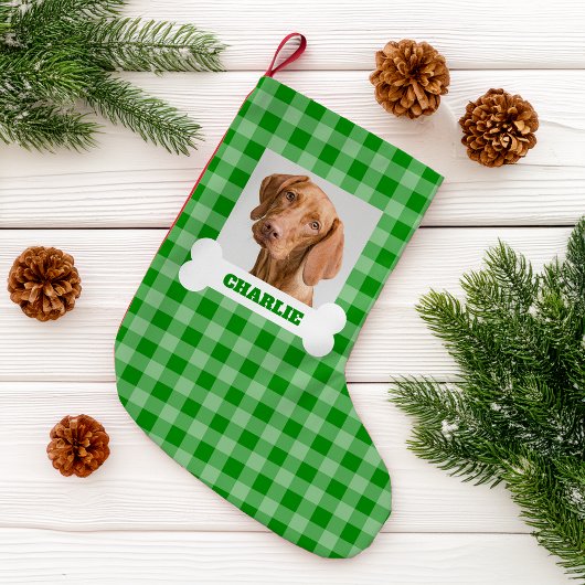 Pet Photo and Dog Bone with Name on Green Plaid Kleine Kerstsok