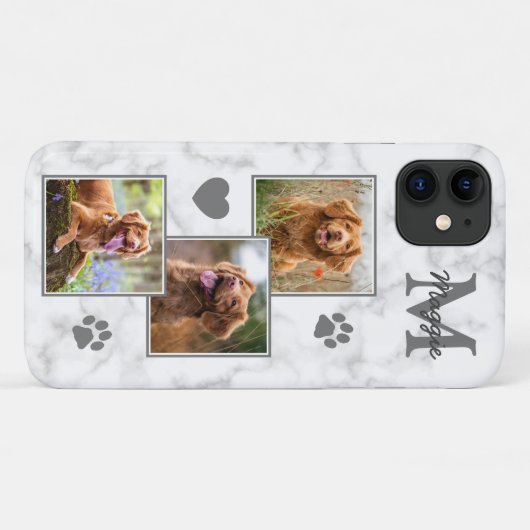 Pet Photo Collage Modern Monogram Marble Cat Dog Case-Mate iPhone Case (Achterkant (horizontaal))