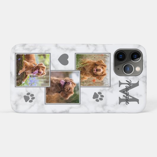 Pet Photo Collage Modern Monogram White Marble Dog Case-Mate iPhone Case (Achterkant (horizontaal))
