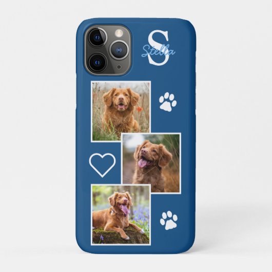 Pet Photo Collage Monogram Naam Blue Cat Dog Case-Mate iPhone Case (Achterkant)