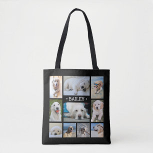 Pet Photo Collage Naam Black Modern Stylish Dog Tote Bag