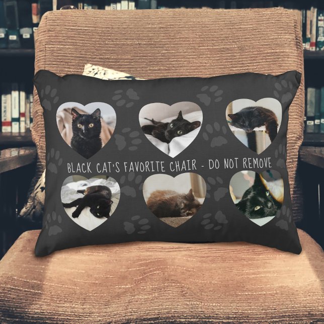 Pet Photo Collage Zwarte Kat Favoriete Sierkussen Accent Kussen (Does you cat have a favorite chair? Upload their photos to this accent pillow and put it on it)