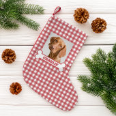 Pet Photo & Dog Bone with Name on Red White Plaid Kleine Kerstsok