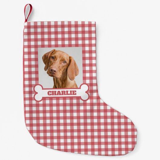 Pet Photo & Dog Bone with Name on Red White Plaid Kleine Kerstsok (Voorkant)