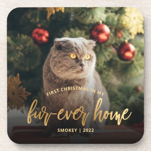Pet Photo First Kerstforever Home Gold Script Bier Onderzetter (Voorkant)