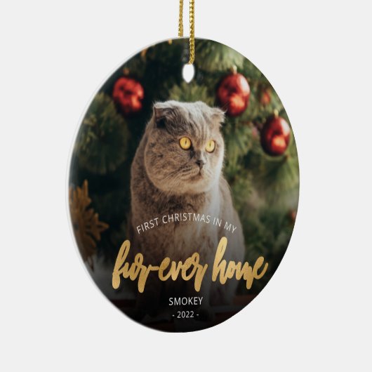 Pet Photo First Kerstforever Home Gold Script Keramisch Ornament (Rechts)