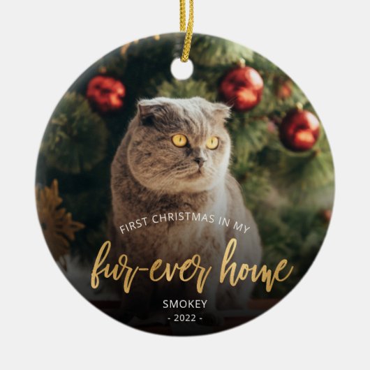 Pet Photo First Kerstforever Home Gold Script Keramisch Ornament (Voorkant)