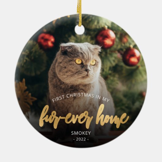 Pet Photo First Kerstforever Home Gold Script Keramisch Ornament (Achterkant)