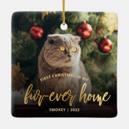 Pet Photo First Kerstforever Home Gold Script Keramisch Ornament (Achterkant)