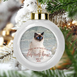 Pet Photo First Kerstmis Forever Home Roos Gold Keramische Bal Ornament<br><div class="desc">Herdenking van het eerste kerstfeest van je huisdier in hun nieuwe huis met deze prachtige moderne keepaardse sierbloem. In de tekst staat "Eerste Kerstmis in mijn bonthuis", met de woorden "bontthuis" in elegant roos gouden foliescript. Vervang het afbeelding van de steekproef met een foto van uw kat of hond en...</div>