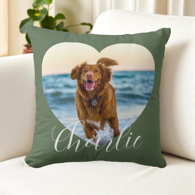 Pet Photo Green Script Cute Heart Personalized Dog Kussen (Pet Photo Green Script Cute Heart Personalized Dog Throw Pillow)